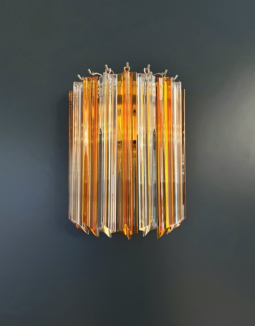 Handblown Murano Quadriedri Wall Sconce – 9 Quadriedri Glass – Set of 2 in transparent-amber glass