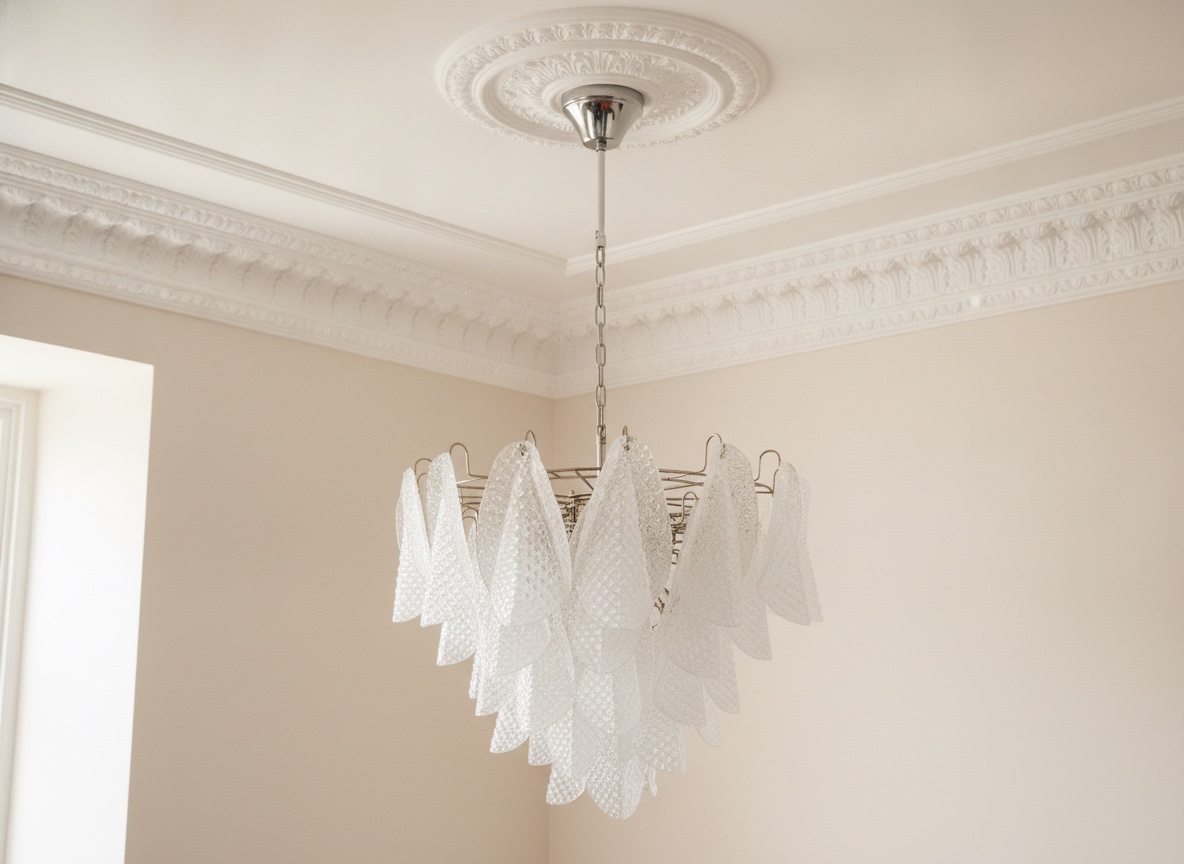 Handblown Murano Rondini Chandelier – Large under an ornate ceiling rose
