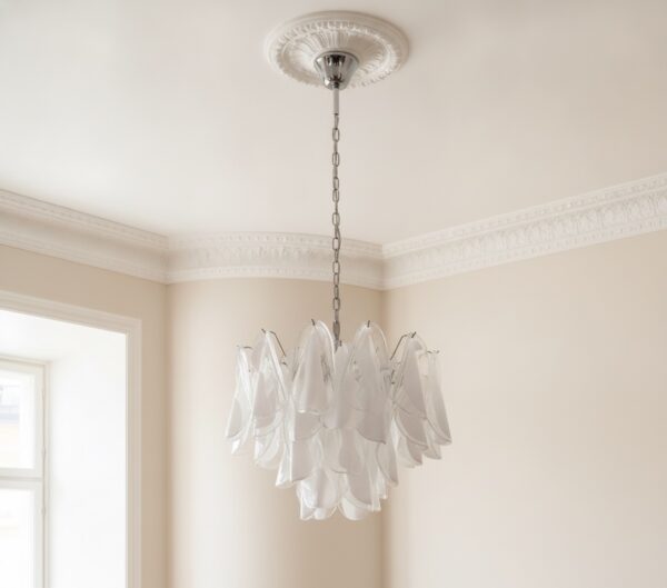 Handblown Murano Rondini Chandelier – Medium under an ornate ceiling rose