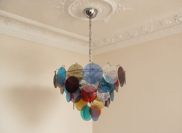 Handblown Murano Space Age Chandelier – 50 Albachiara Glass under an ornate ceiling rose