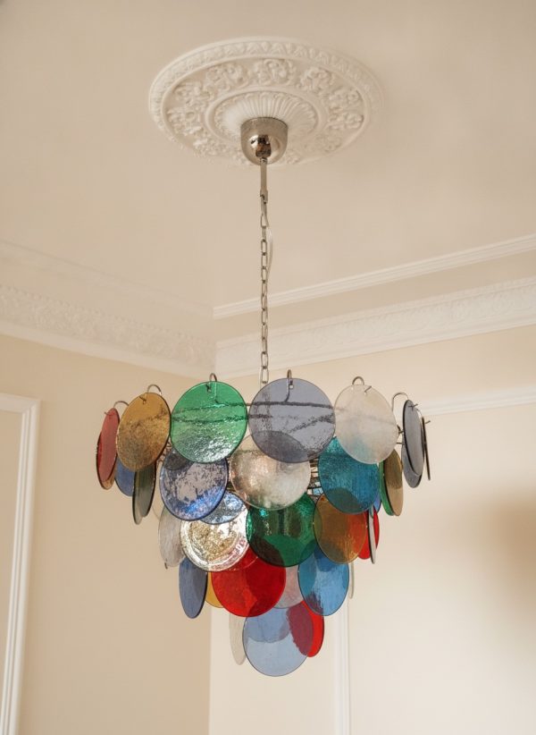 Handblown Murano Space Age Chandelier – 57 Albachiara Glass under an ornate ceiling rose