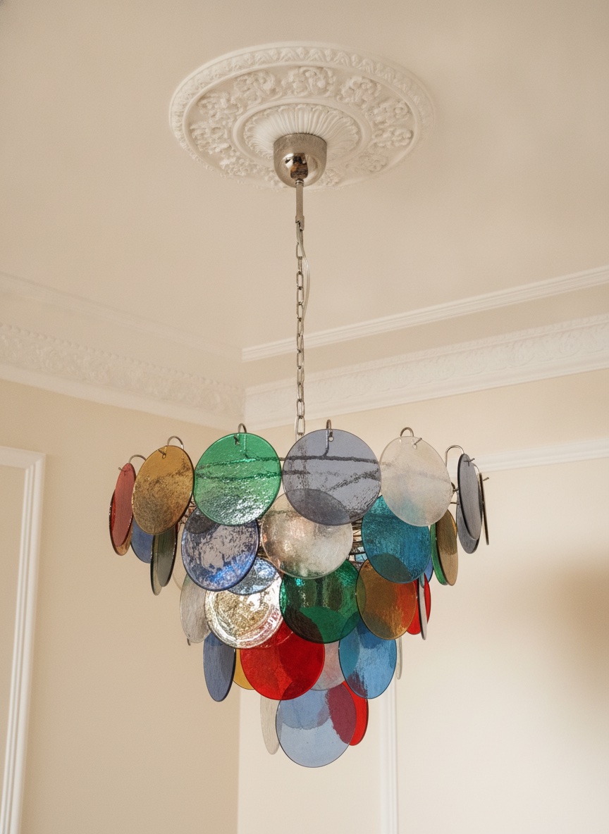 Handblown Murano Space Age Chandelier – 57 Albachiara Glass under an ornate ceiling rose