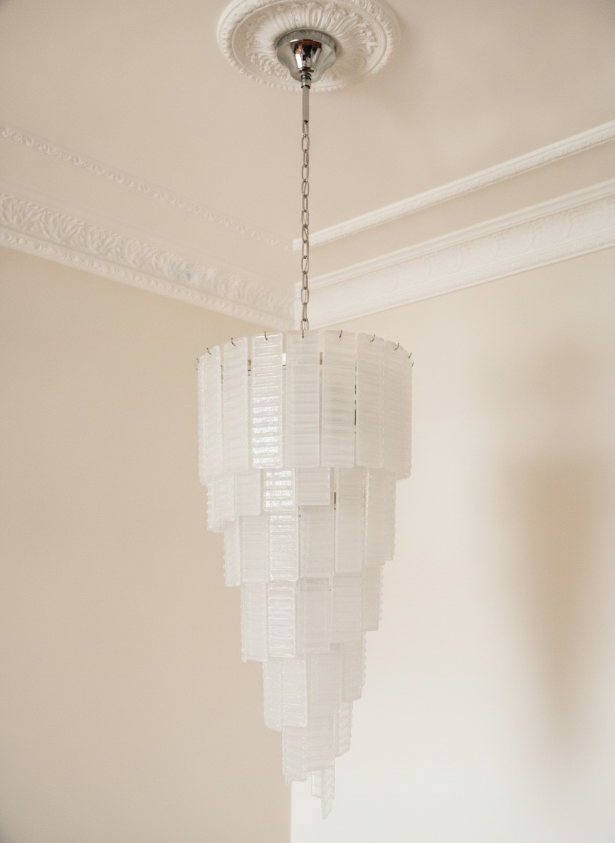 Handblown Murano Spiral Chandelier – 83 Glasses under an ornate ceiling rose
