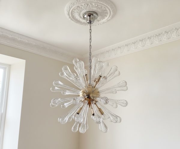 Handblown Murano Sputnik Chandelier – 50 Glasses under an ornate ceiling rose
