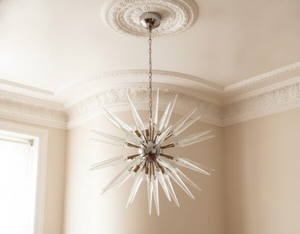 Handblown Murano Sputnik Chandelier – 51 Glasses under an ornate ceiling rose