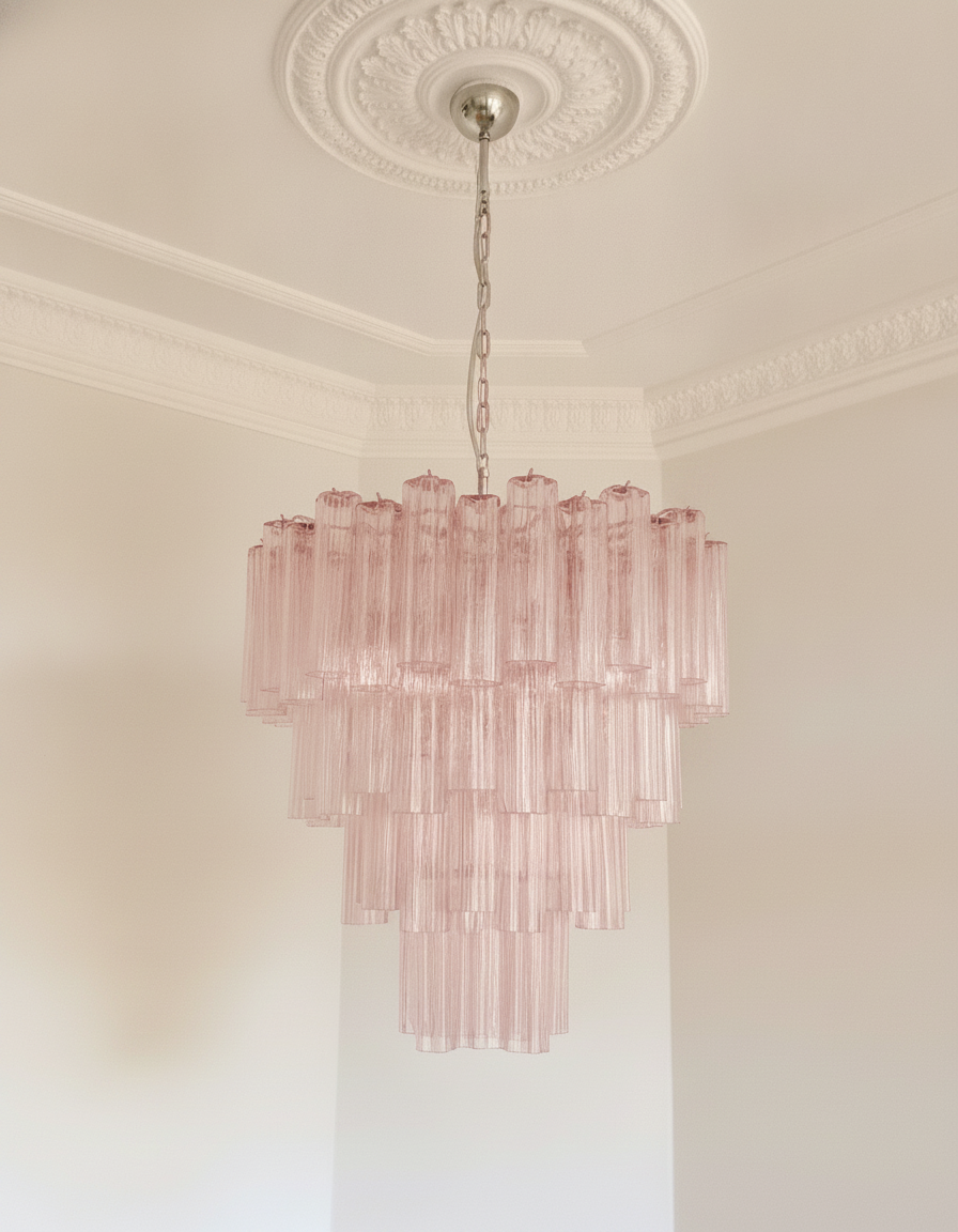 Handblown Murano Tiered Chandelier – 78 Glasses under an ornate ceiling rose