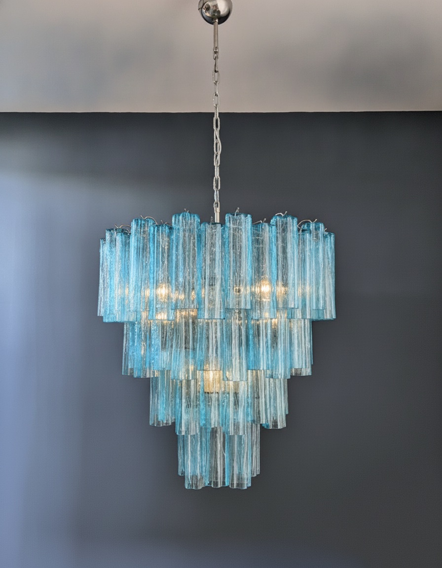 Handblown Murano Tiered Chandelier – 80 Glasses in blue glass