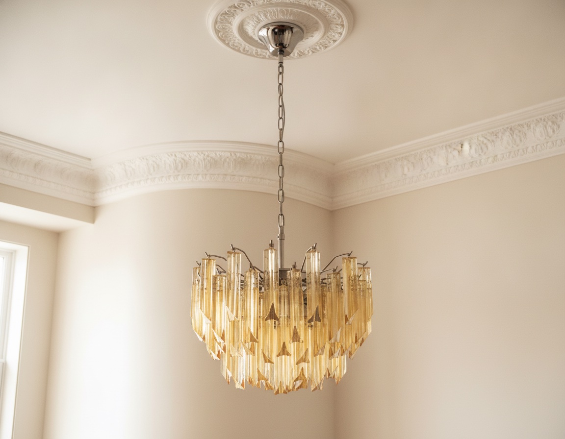 Handblown Murano Triedri Chandelier – 107 Triedri Glass under an ornate ceiling rose