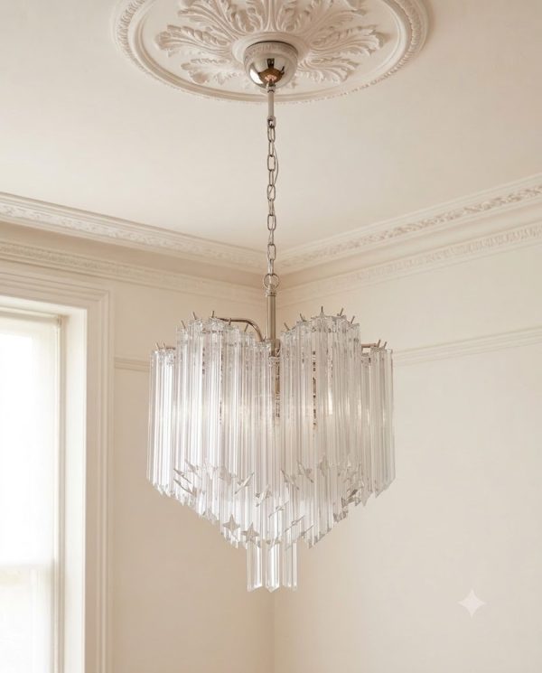 Handblown Murano Triedri Chandelier – 111 Triedri Glass under an ornate ceiling rose
