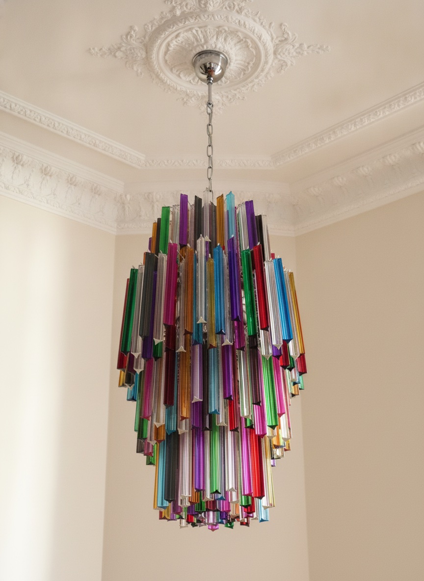 Handblown Murano Triedri Chandelier – 167 Triedri Glass under an ornate ceiling rose