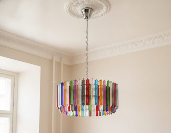 Handblown Murano Triedri Chandelier – 265 Triedri Glass under an ornate ceiling rose