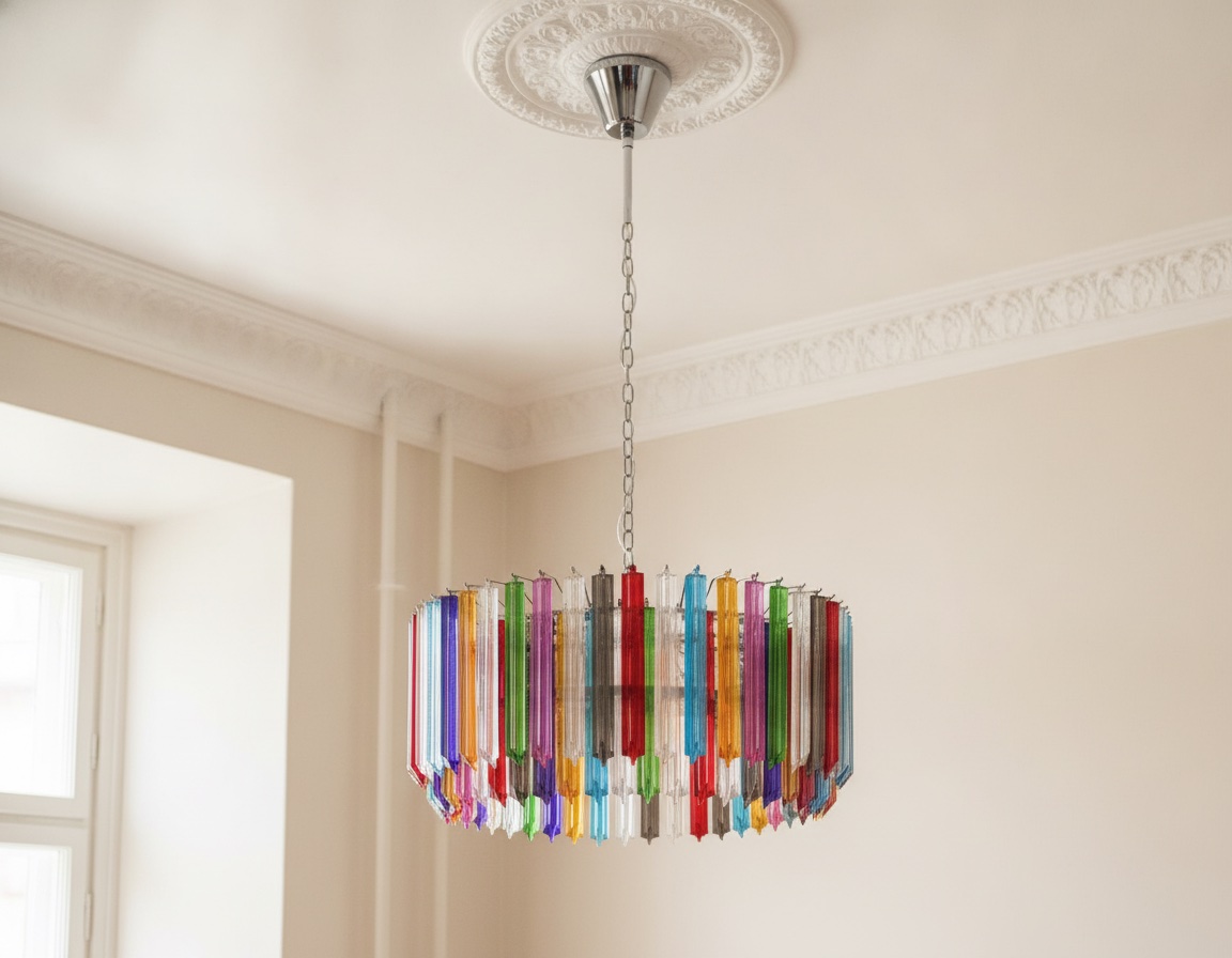 Handblown Murano Triedri Chandelier – 265 Triedri Glass under an ornate ceiling rose