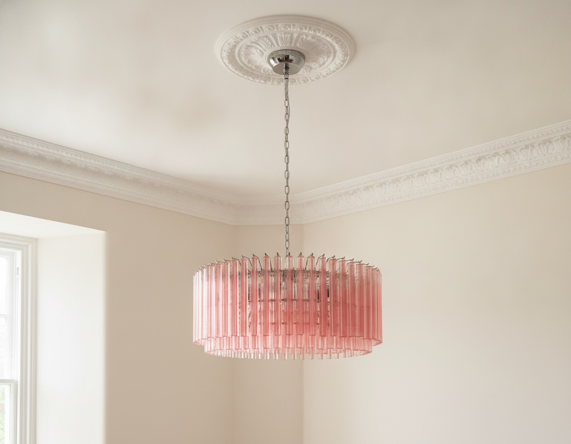 Handblown Murano Triedri Chandelier – 391 Triedri Glass under an ornate ceiling rose