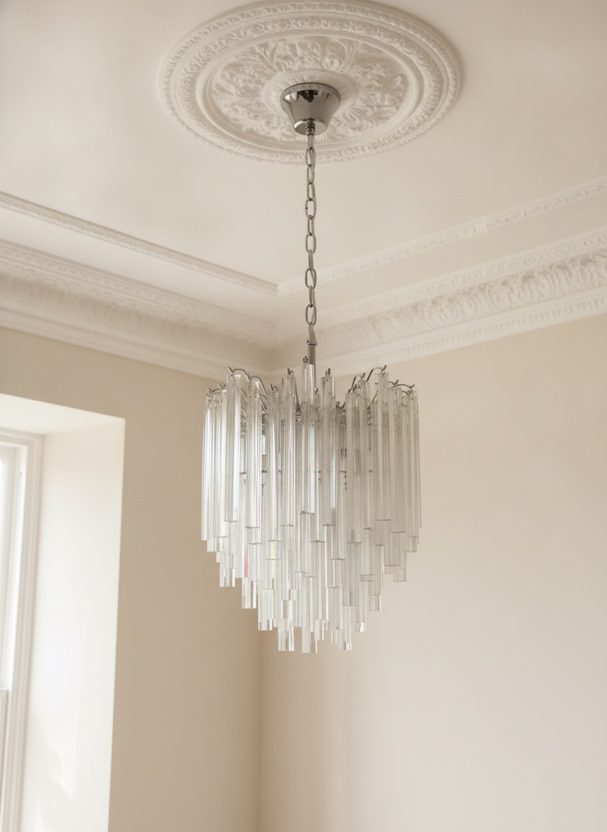 Handblown Murano Triedri Chandelier – 92 Triedri Glass under an ornate ceiling rose