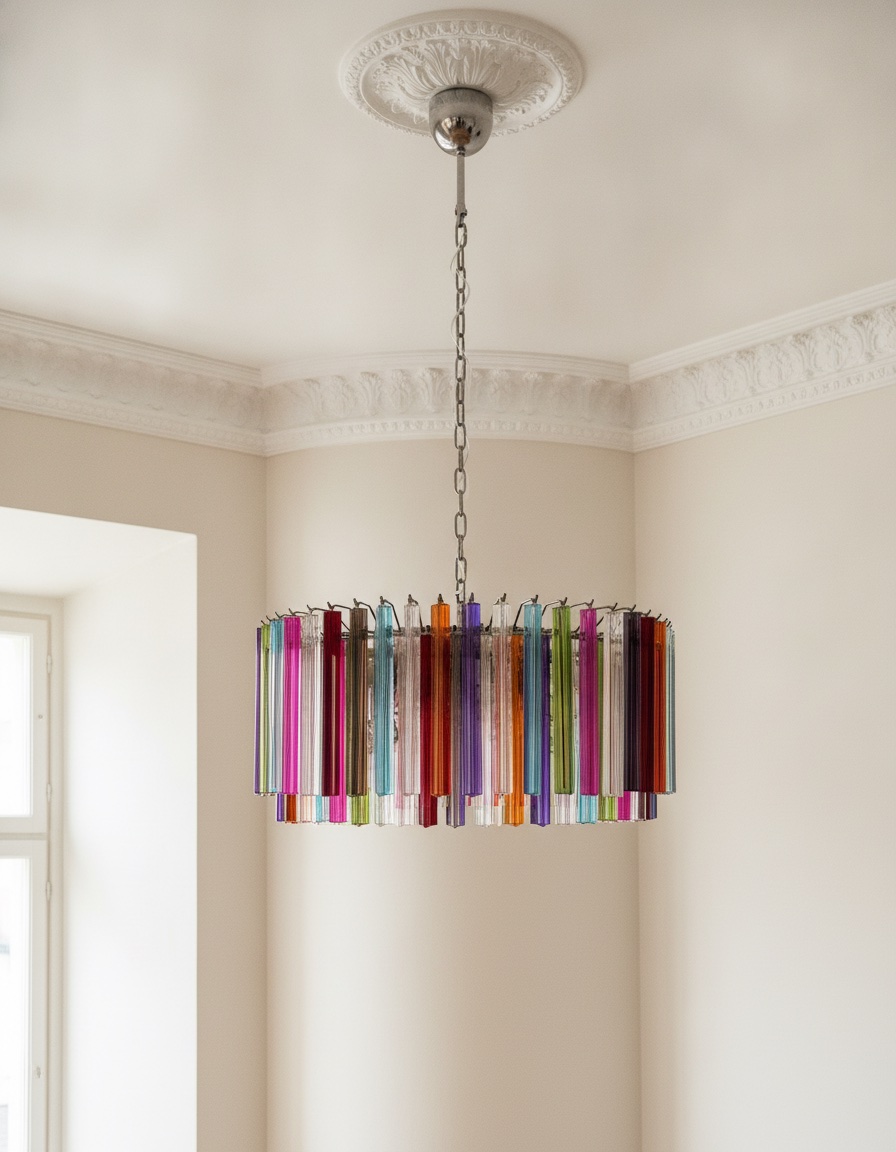 Handblown Murano Triedri Chandelier – 96 Triedri Glass under an ornate ceiling rose
