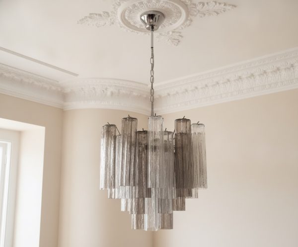 Handblown Murano Tubular Chandelier – 18 Glass Prisms under an ornate ceiling rose