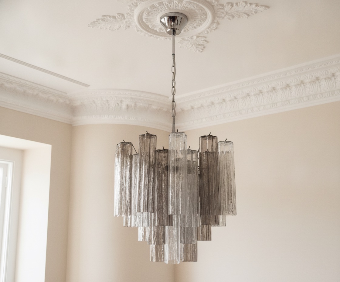 Handblown Murano Tubular Chandelier – 18 Glass Prisms under an ornate ceiling rose