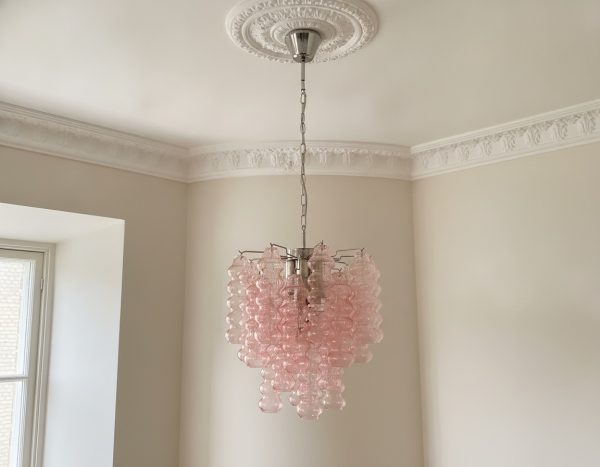 Handblown Murano Tubular Chandelier – 26 Glass Prisms under an ornate ceiling rose