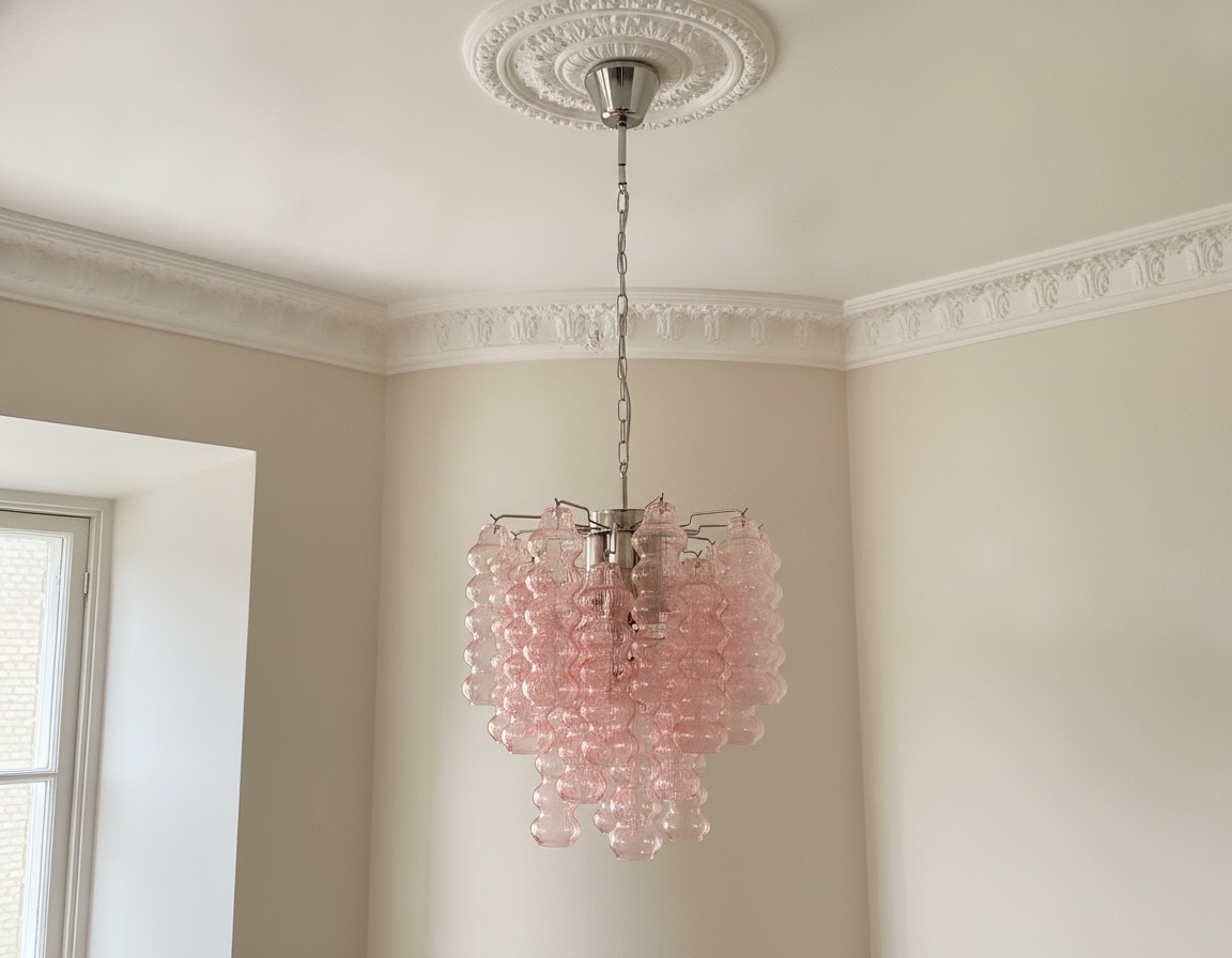 Handblown Murano Tubular Chandelier – 26 Glass Prisms under an ornate ceiling rose