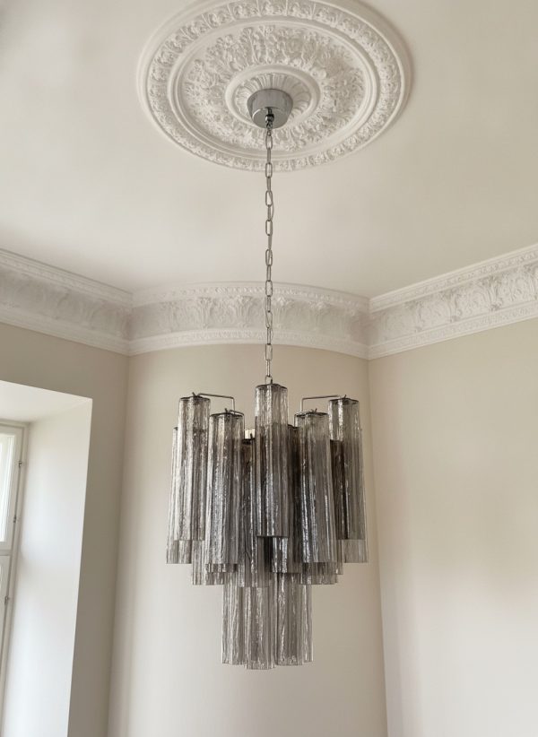 Handblown Murano Tubular Chandelier – 30 Glass Prisms under an ornate ceiling rose