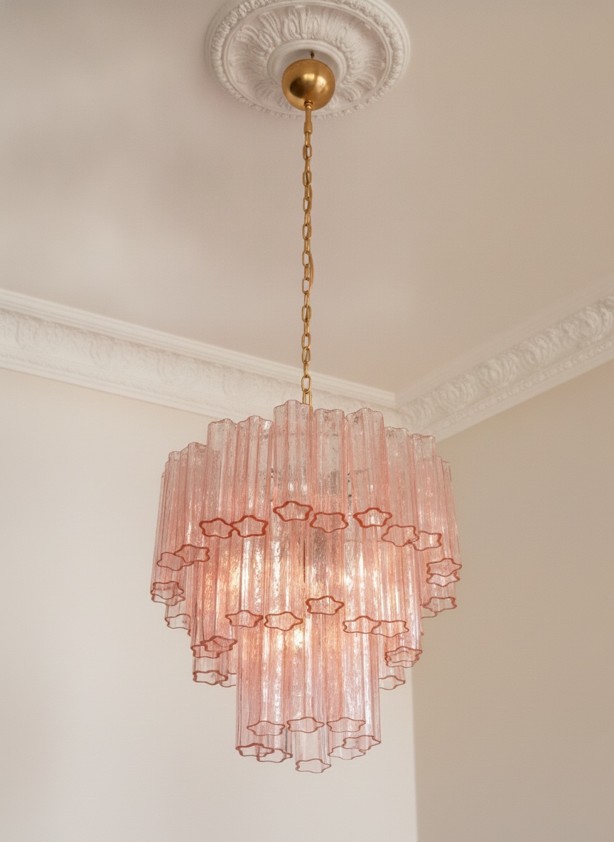 Handblown Murano Tubular Chandelier – 48 Glass Prisms with matte gold chain and canopy