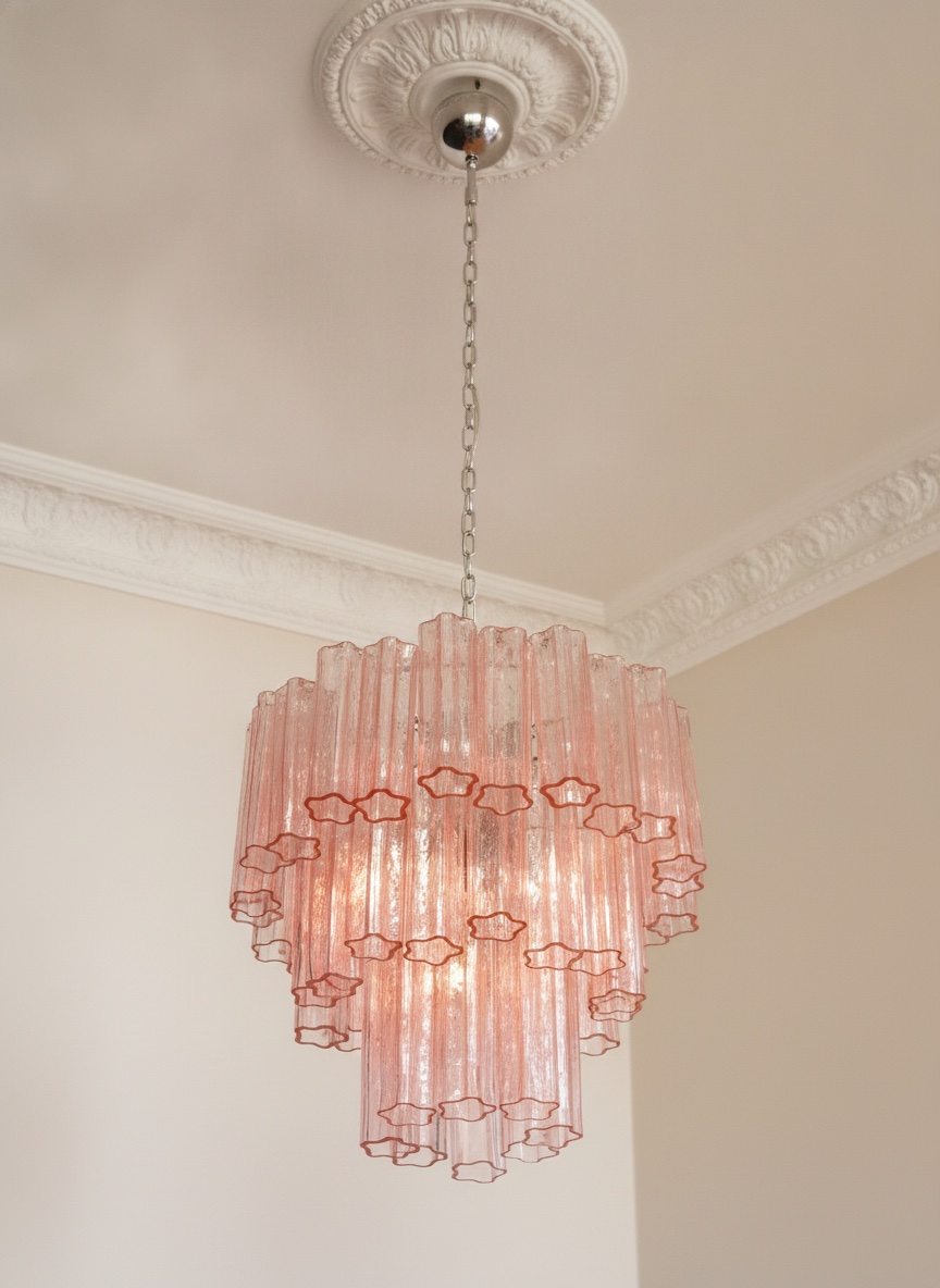 Handblown Murano Tubular Chandelier – 48 Glass Prisms under an ornate ceiling rose