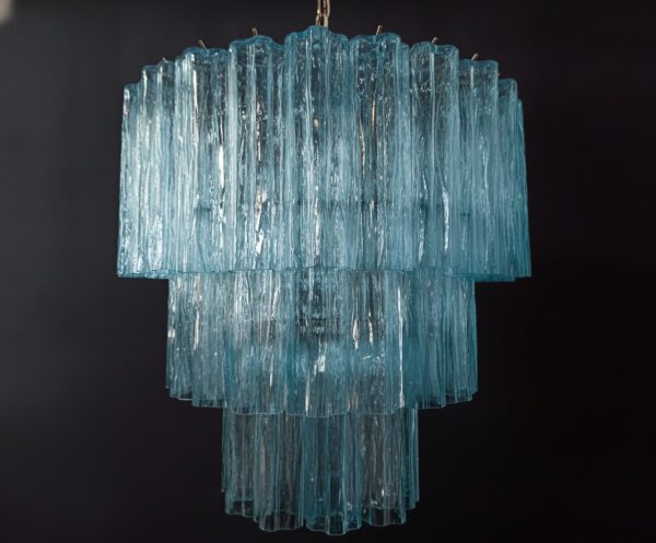 Handblown Murano Tubular Chandelier – 52 Glass Prisms in blue glass
