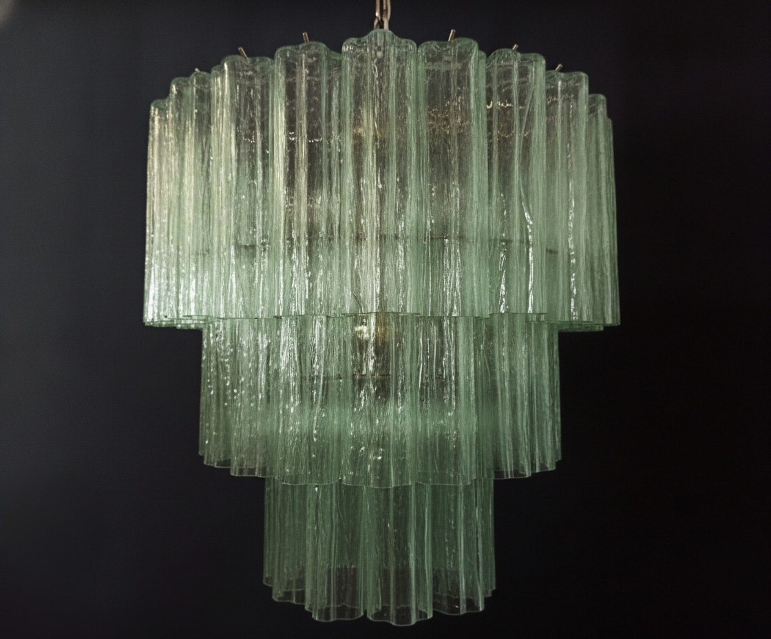 Handblown Murano Tubular Chandelier – 52 Glass Prisms in green glass