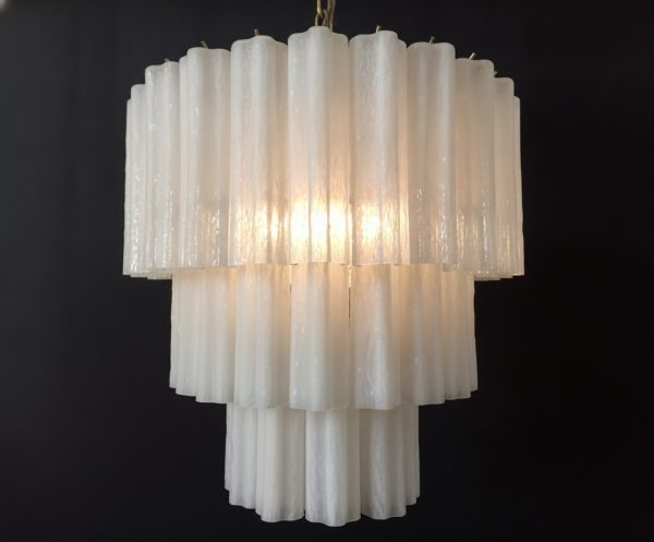 Handblown Murano Tubular Chandelier – 52 Glass Prisms in white glass
