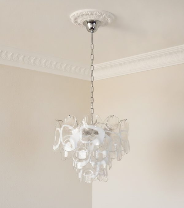 Handblown Murano Vistosi Chandelier – 36 Glasses under an ornate ceiling rose