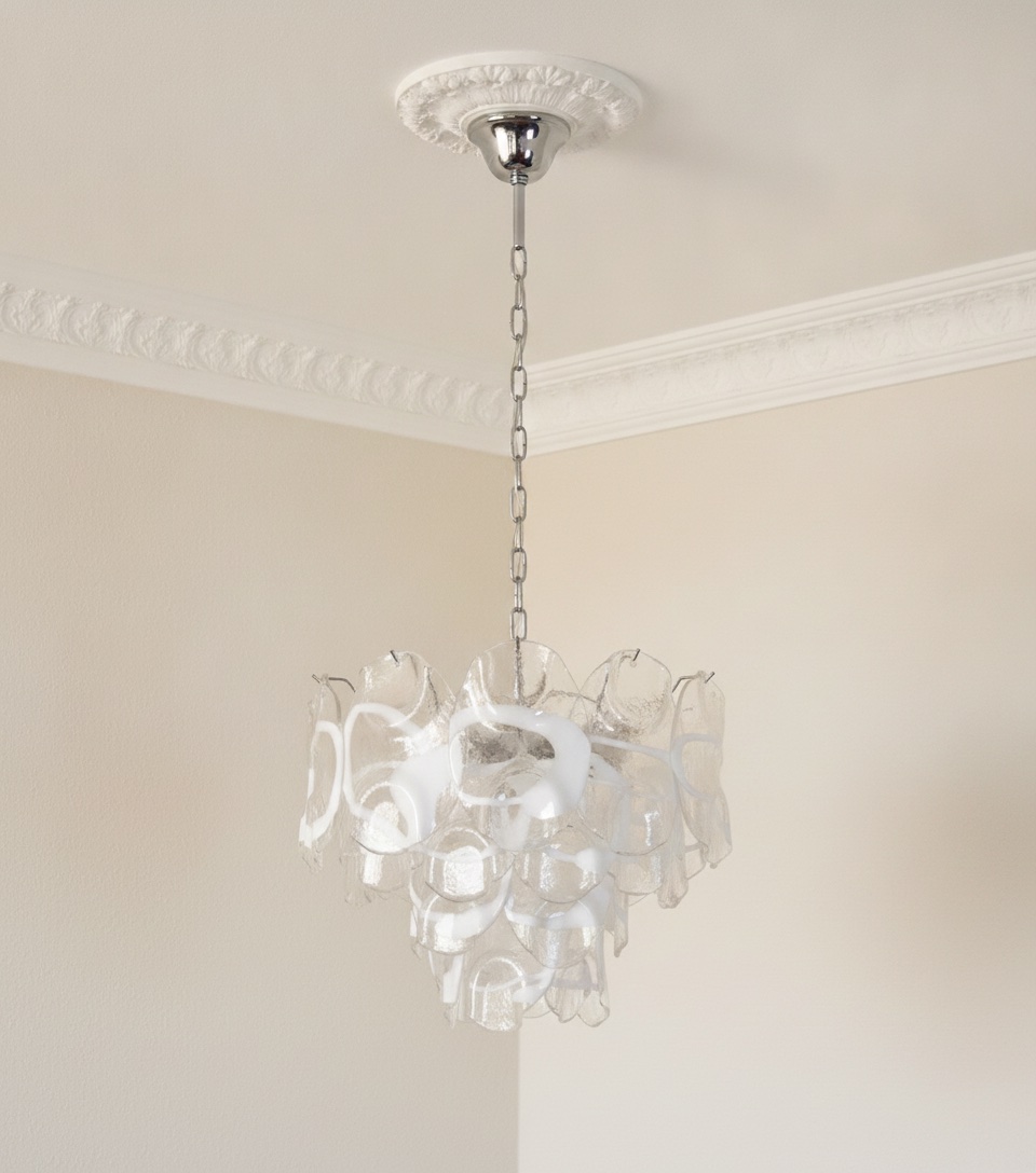 Handblown Murano Vistosi Chandelier – 36 Glasses under an ornate ceiling rose