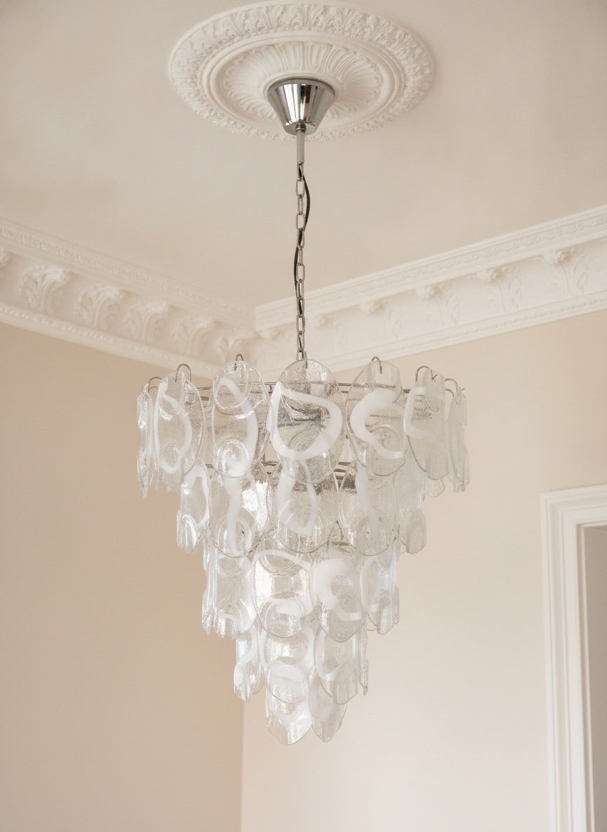 Handblown Murano Vistosi Chandelier – 50 Glasses under an ornate ceiling rose