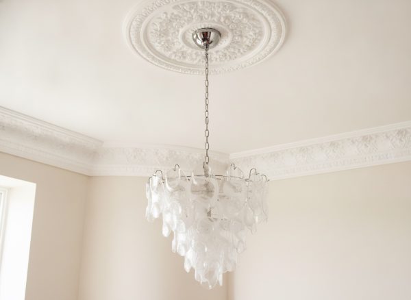 Handblown Murano Vistosi Chandelier – 57 Glasses under an ornate ceiling rose