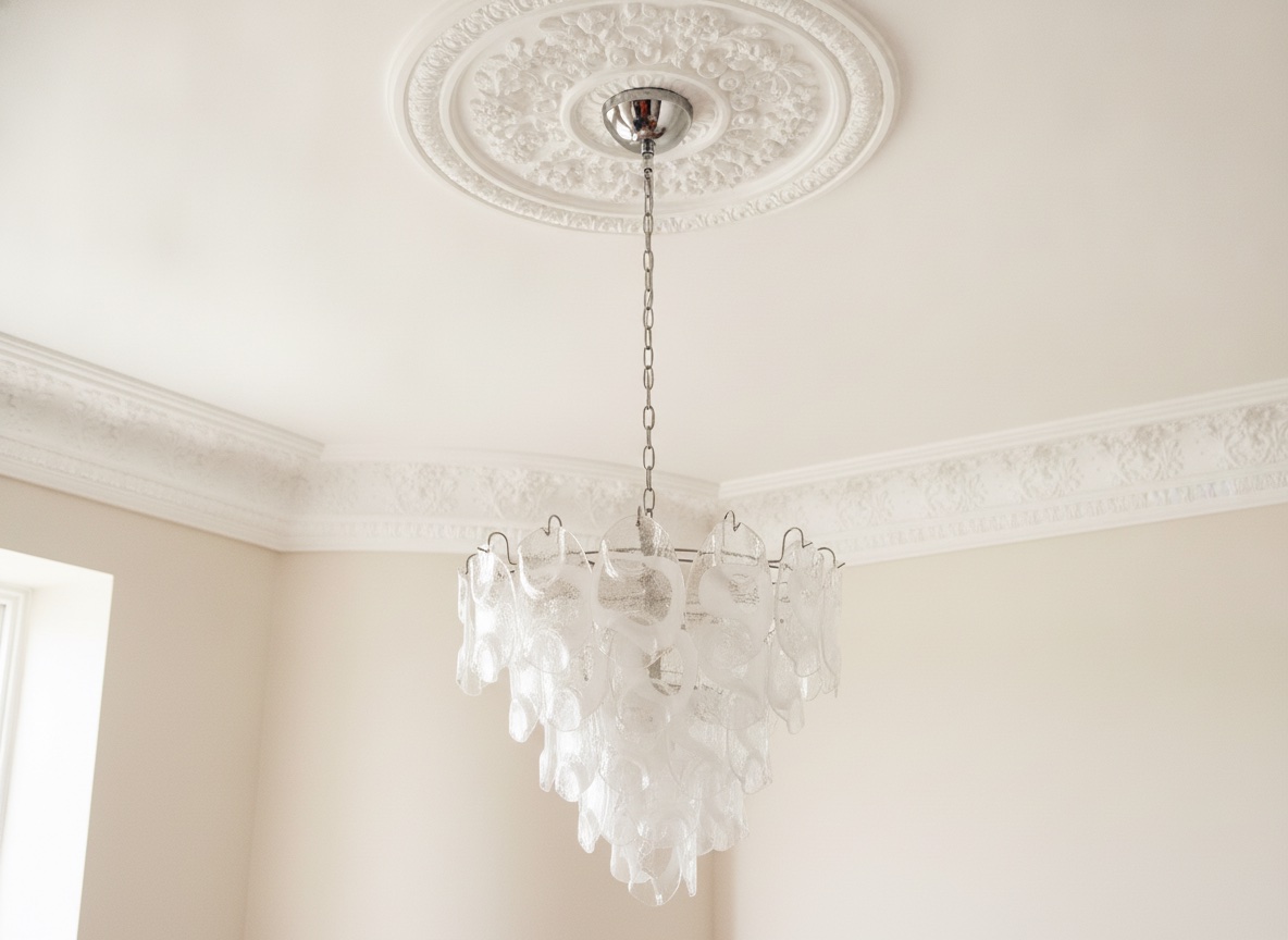 Handblown Murano Vistosi Chandelier – 57 Glasses under an ornate ceiling rose