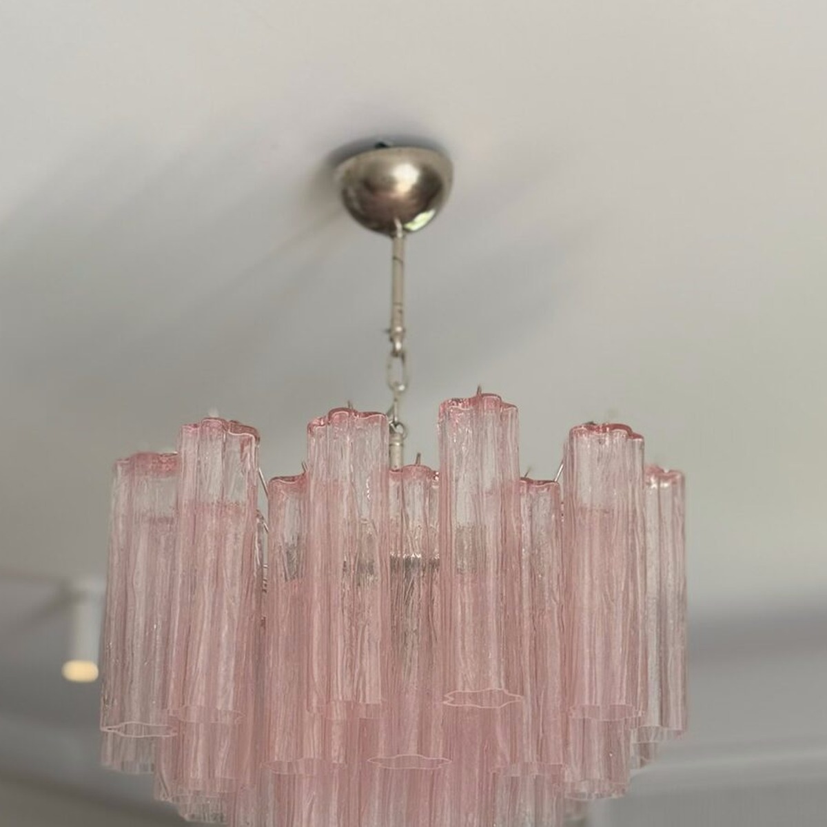 Pink Murano Tubular Chandelier – 36 Glass Prisms - Gold — handblown Murano glass, made in Italy