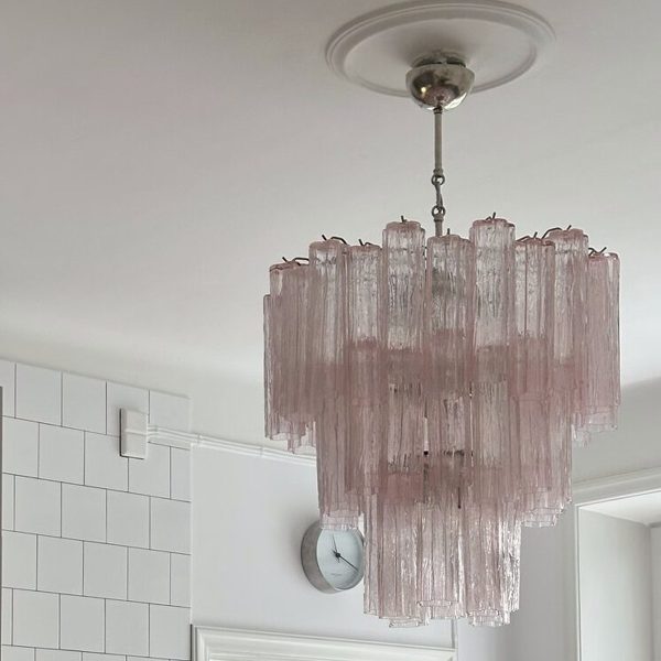 Pink Murano Tubular Chandelier – 48 Glass Prisms — handblown Murano glass, made in Italy