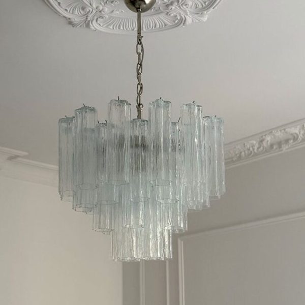 Transparent Murano Tubular Chandelier – 36 Glass Prisms - Gold — handblown Murano glass, made in Italy