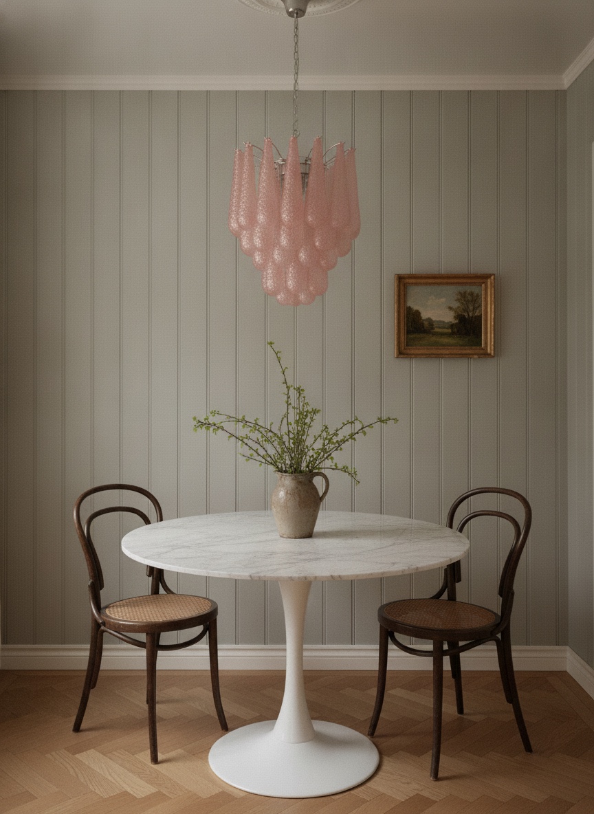 Handblown pink Murano drop chandelier over a dining table