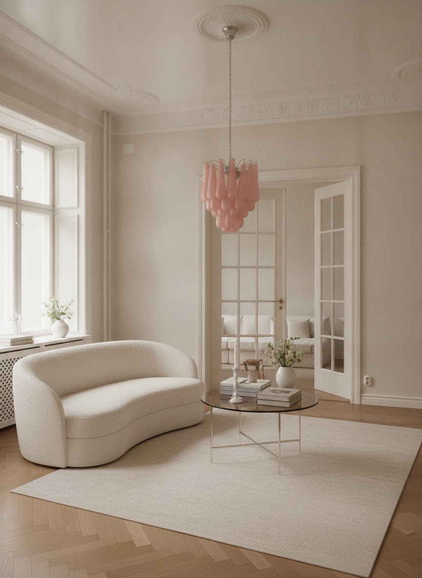 Handblown pink Murano drop chandelier in a Stockholm apartment living room