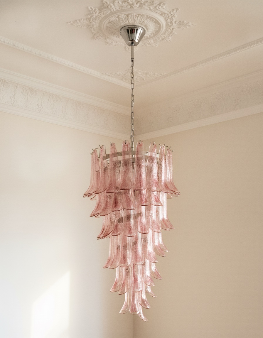 Handblown Pink Murano Petal Chandelier – 83 Glass Petals