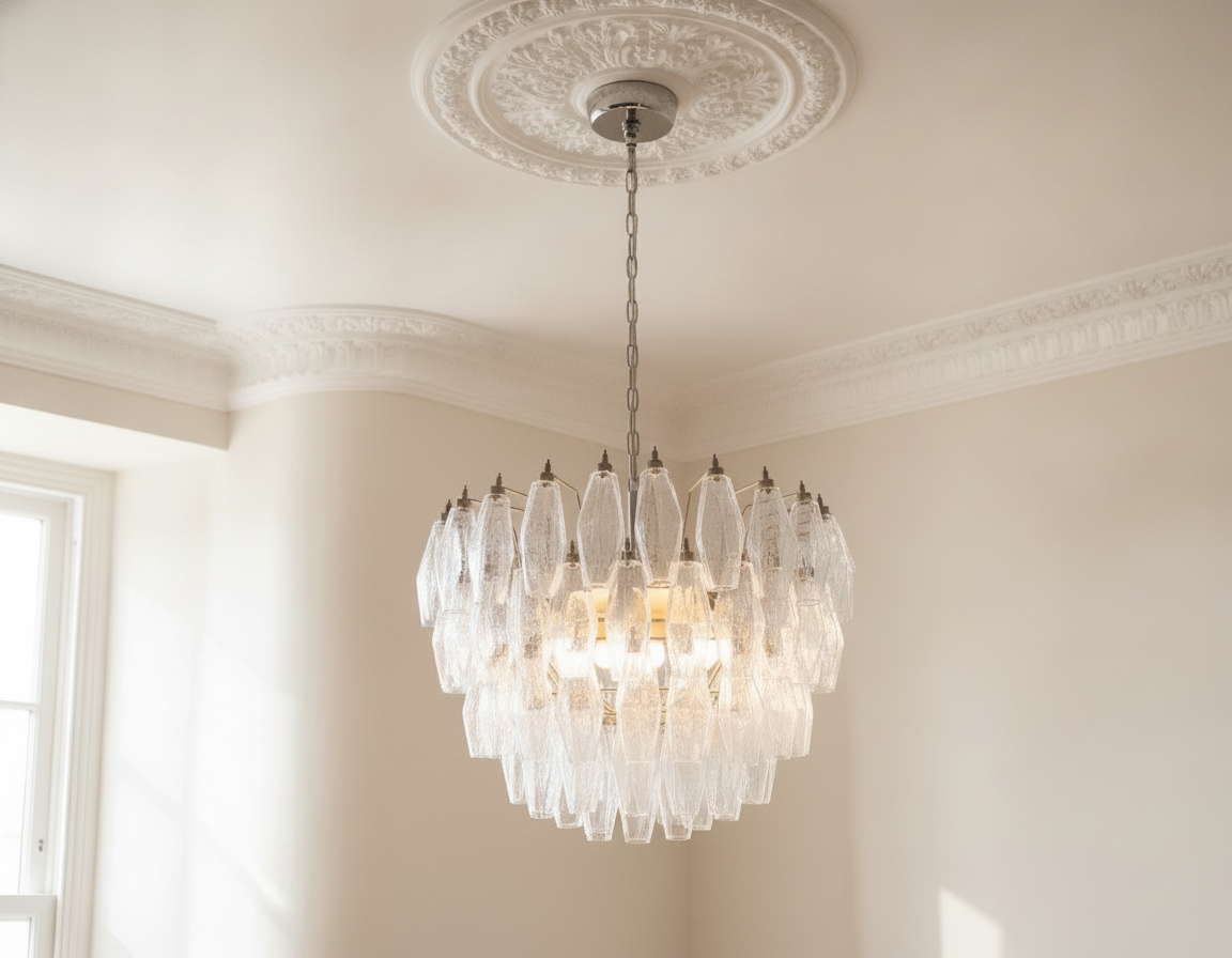 Handblown Pink Murano Poliedri Chandelier – 111 Poliedri Glass