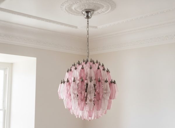 Handblown Pink Murano Poliedri Chandelier – 140 Poliedri Glass