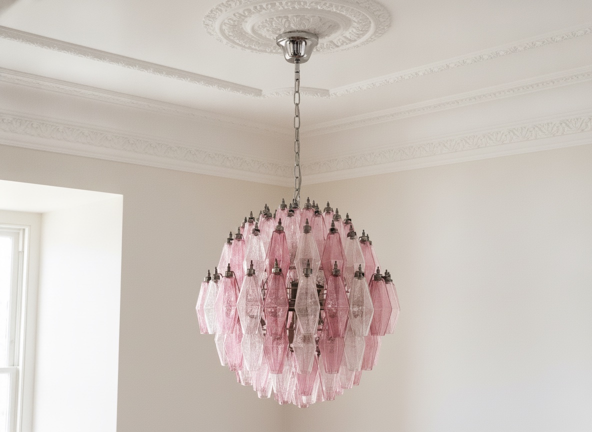 Handblown Pink Murano Poliedri Chandelier – 140 Poliedri Glass