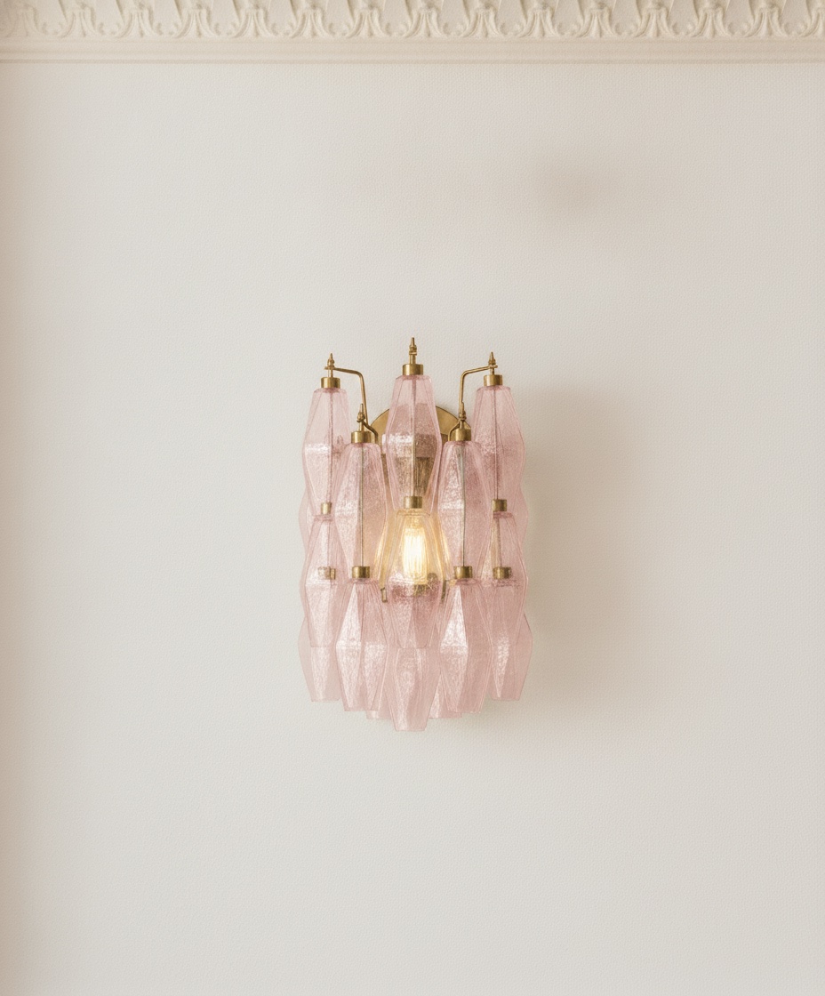 Handblown Pink Murano Poliedri Wall Sconces – Set of 2