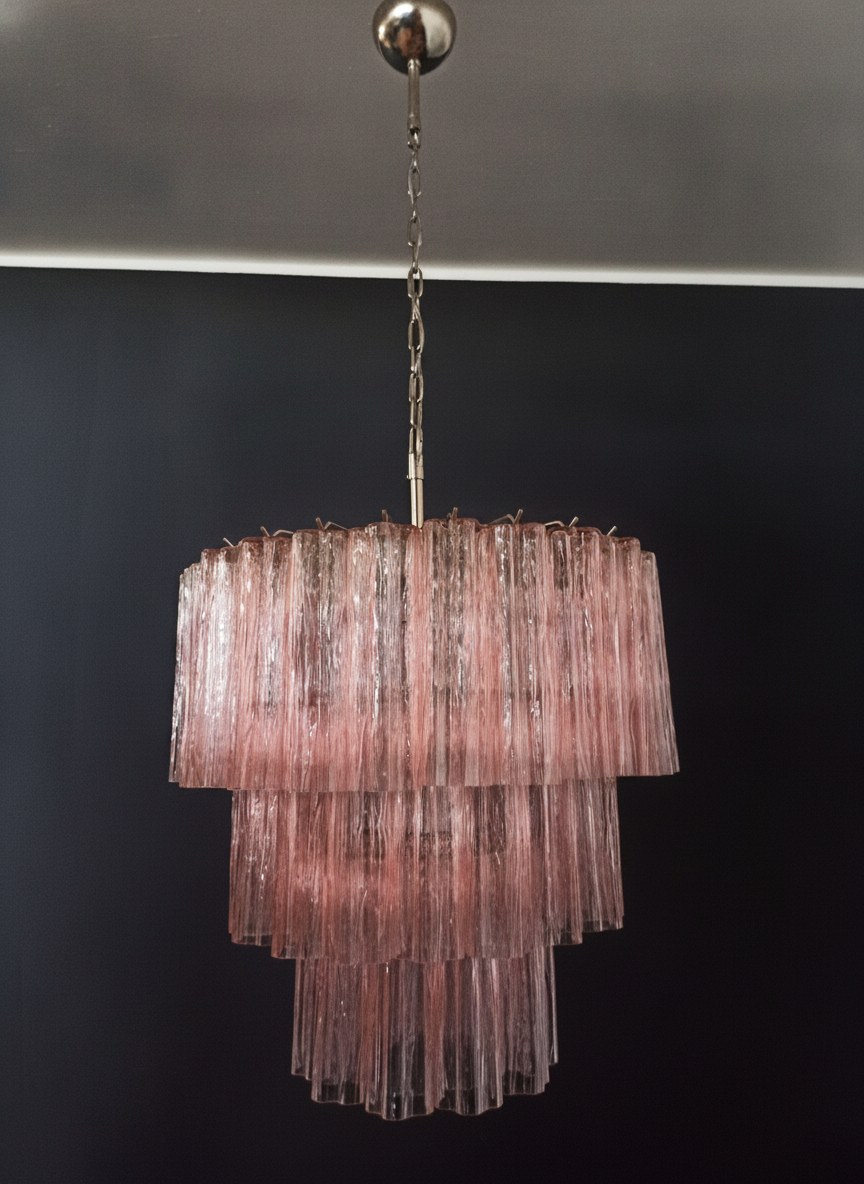 Pink Murano Tubular Chandelier – 52 Glass Prisms — handblown Murano glass, made in Italy