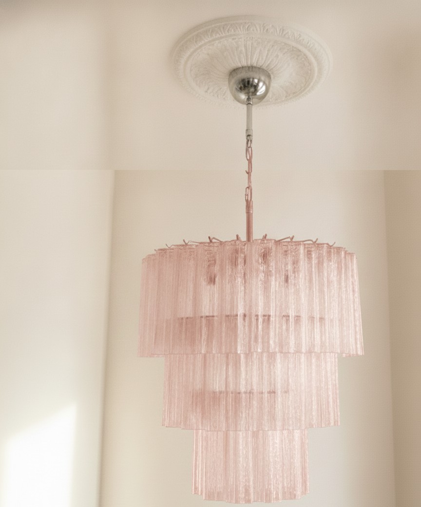Handblown Pink Murano Tubular Chandelier 52