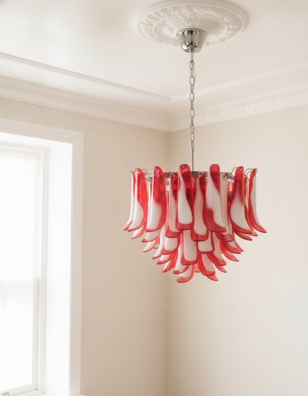 Handblown red Murano petal chandelier, 53 petals