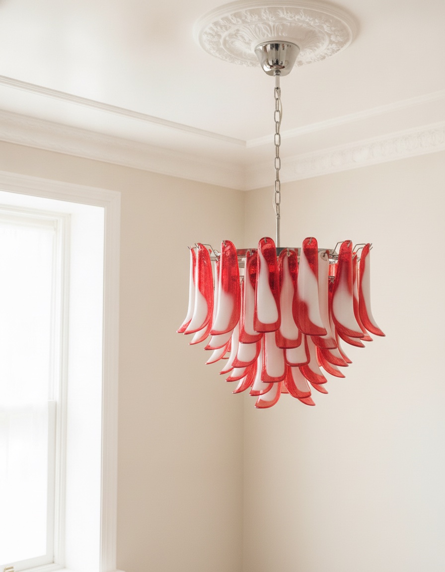 Handblown red Murano petal chandelier, 53 petals