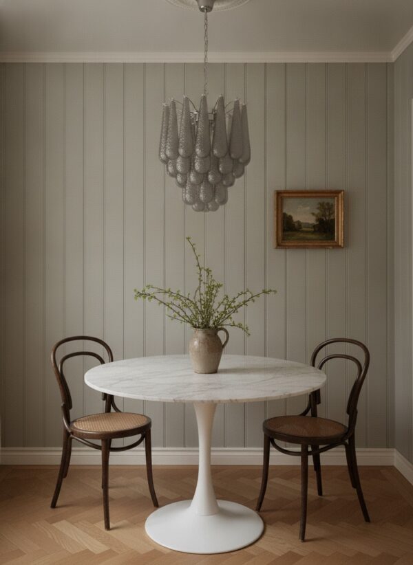 Handblown smoked Murano drop chandelier over a dining table