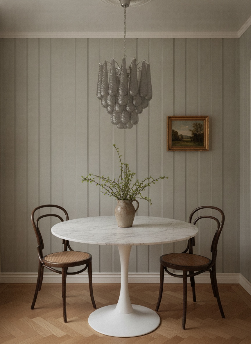 Handblown smoked Murano drop chandelier over a dining table